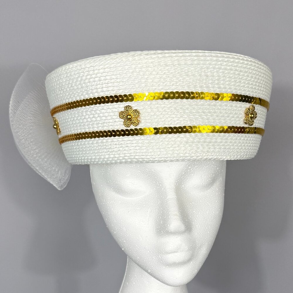 White hat with narrow gold band decoration